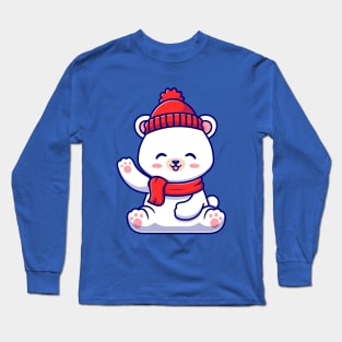 Cute Baby Polar Bear Winter Wearing Scarf Waving Hand  Cartoon Long Sleeve T-Shirt